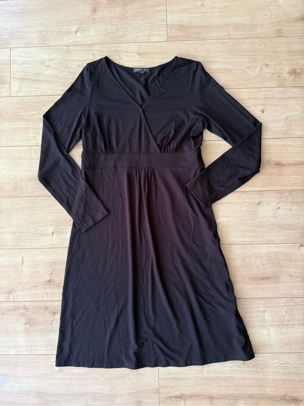 Eileen Fisher Black Faux Wrap Midi Dress Petite Medium Rayon Lycra Long Sleeve